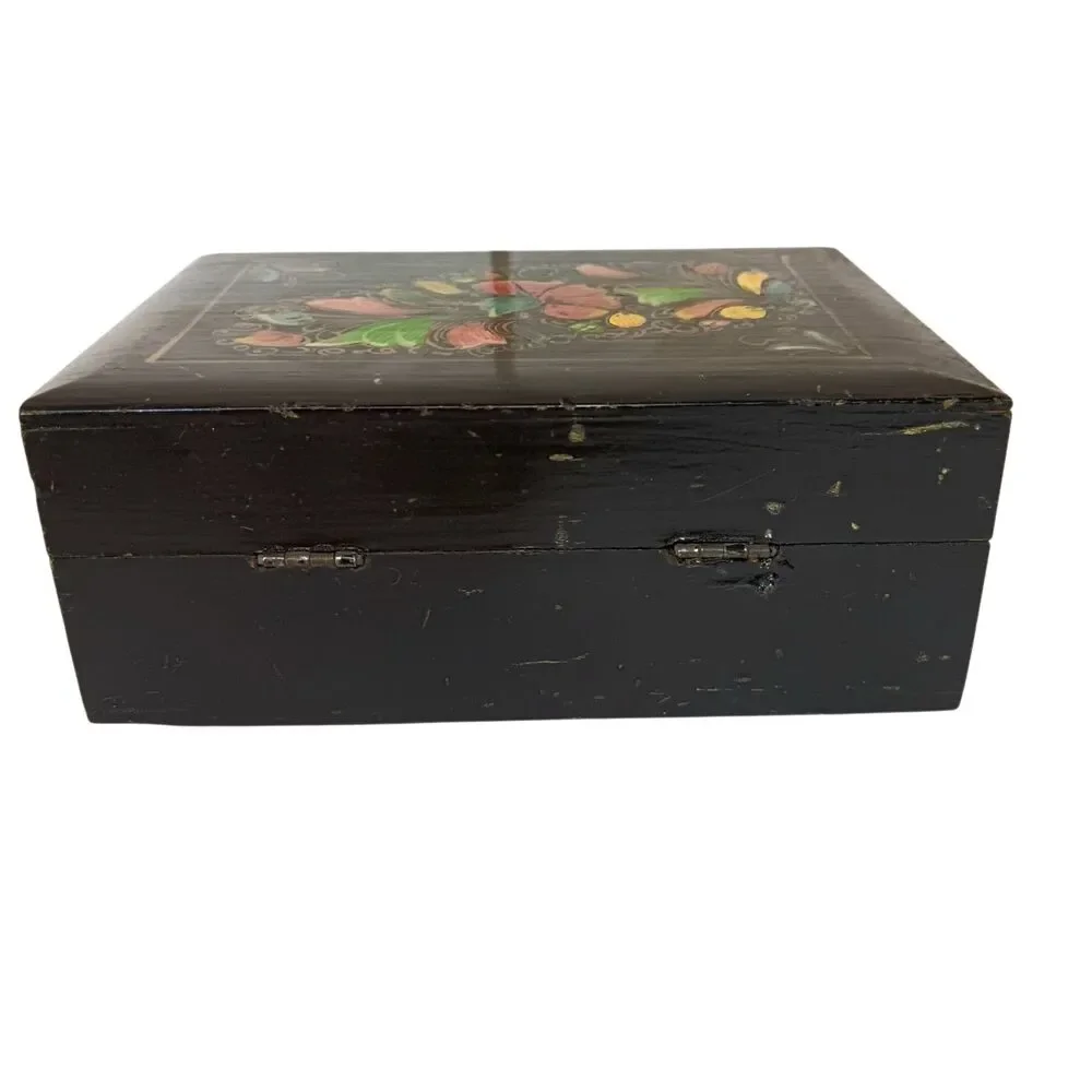 Wooden Jewelry Or Trinket Box Black With Colorful Flowers Handpainted VTG 6x4.25